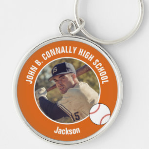 Orange Baseball Player Photo High School Spirit Key Ring