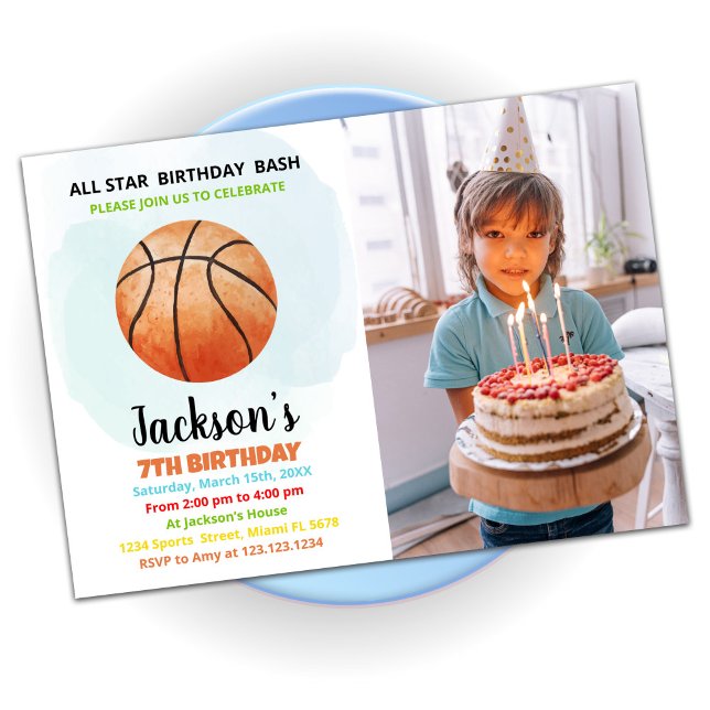 Orange Basketball Birthday Invitations with photo (Creator Uploaded)