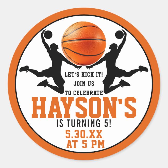 orange basketball Boy 5TH Birthday Party Classic Round Sticker (Front)