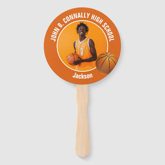 Orange Basketball Player Photo High School Spirit Hand Fan (Front)