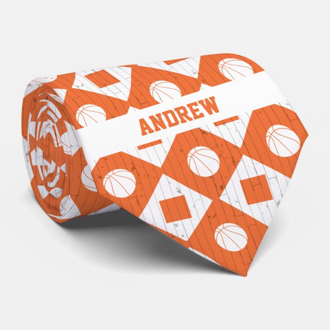 Orange Basketball Wood Floor Argyle Pattern Tie (Rolled)