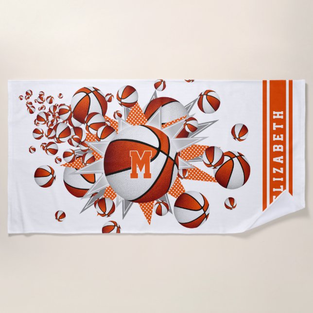 orange basketballs stars girls name monogrammed beach towel (Front)