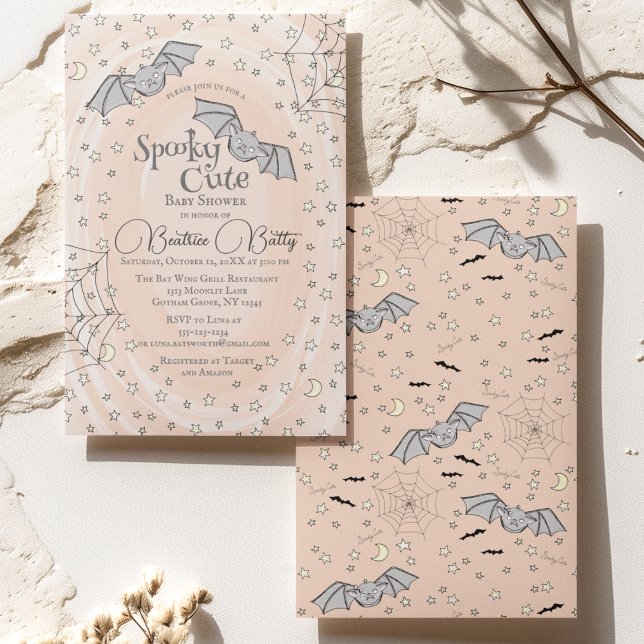 Orange Bats Spooky Cute Baby Shower Invitation (Spooky Cute Baby Bats Halloween Baby Shower Orange Invite. Adorable Baby Bats Flying, Stars, Webs)