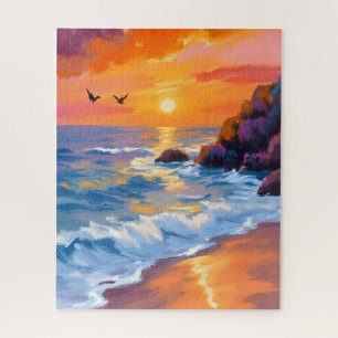 Orange Beach Sunset Coastal Painting Jigsaw Puzzle
