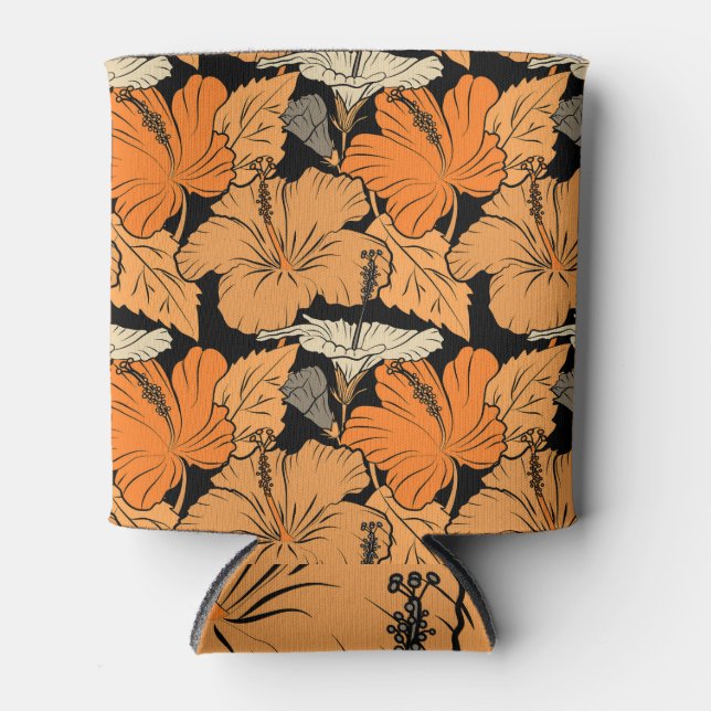 Orange beige hibiscus, black background. can cooler (Front)