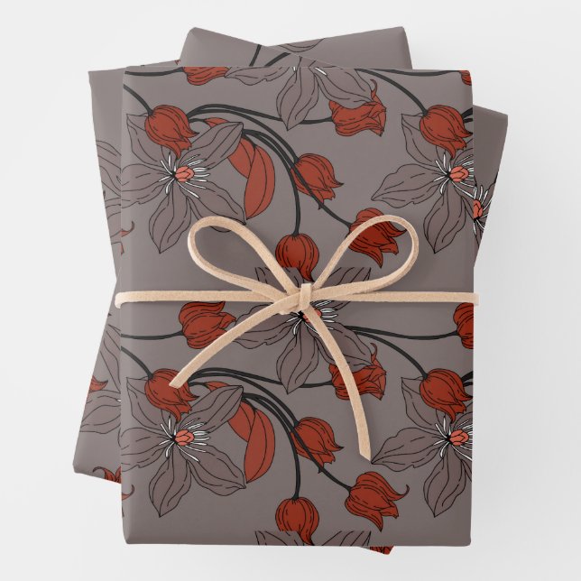 Orange beige retro ethnic elegant flower pattern wrapping paper sheet (In situ)
