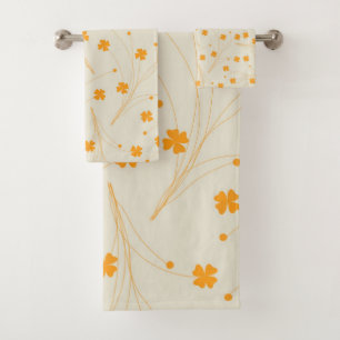 Orange Beige Retro Y2K 70s Flower Pattern Bath Towel Set