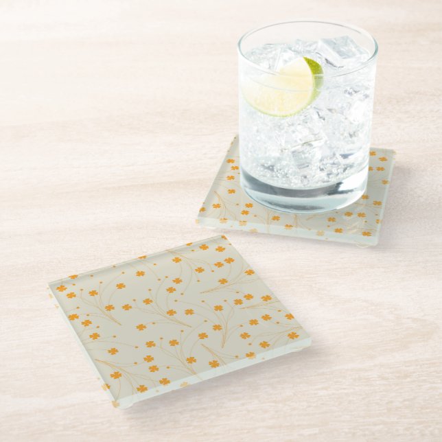 Orange Beige Retro Y2K 70s Flower Pattern Glass Coaster (Angled)