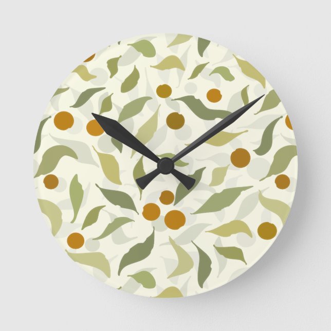 Orange Berries and Leaves on creme - pattern.  Round Clock (Front)