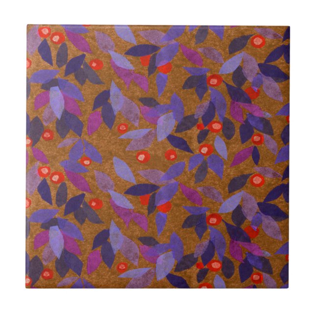 Orange Berries Purple Leaves Simple Floral Pattern Ceramic Tile (Front)