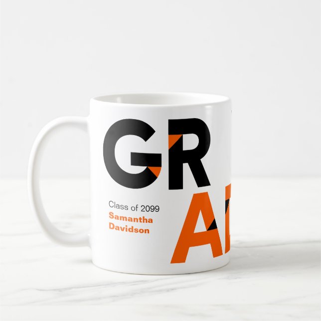 Orange Big Bold Angle-Cut Letters Graduation Coffee Mug (Left)