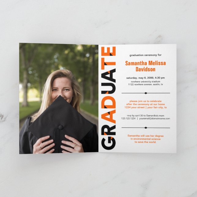 Orange Big Bold Angle-Cut Letters Graduation Invitation (Inside)