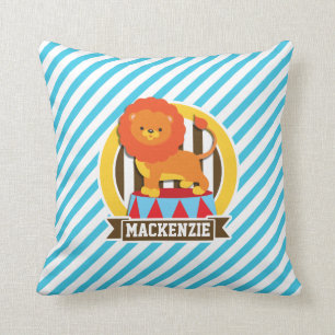 Orange Big Top Circus Lion; Blue & White Stripes Cushion