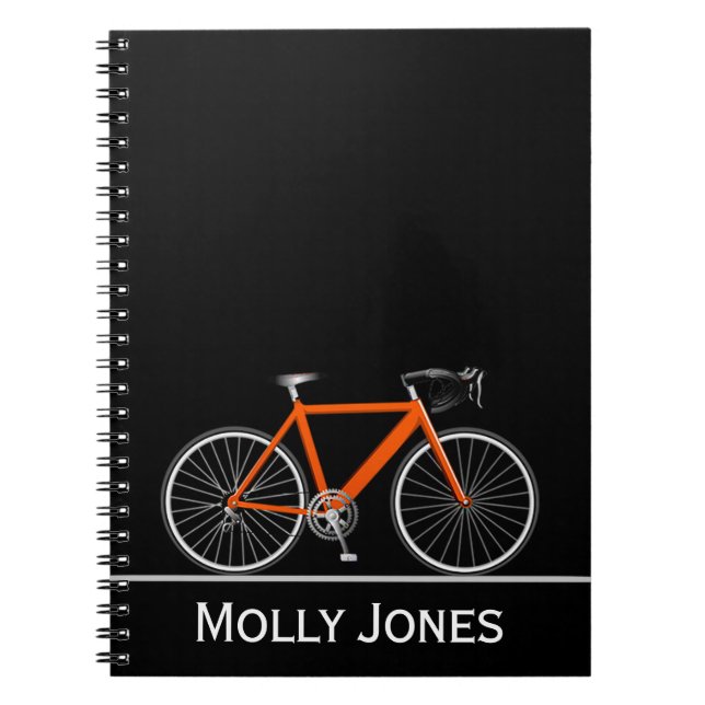 Orange Bike with Name on Black Notebook (Front)