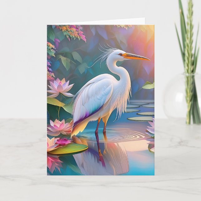 Orange Billed White Heron Fantasy Bird  Card (Front)
