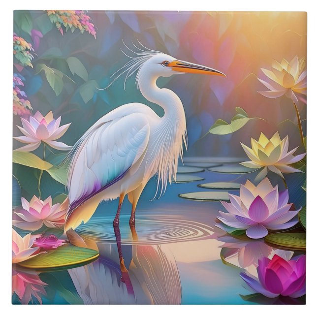 Orange Billed White Heron Fantasy Bird  Ceramic Tile (Front)