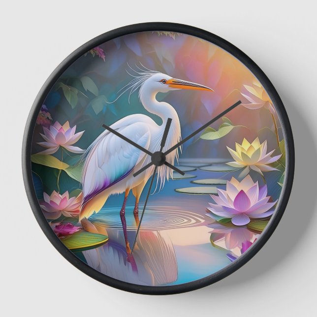Orange Billed White Heron Fantasy Bird  Clock (Front)