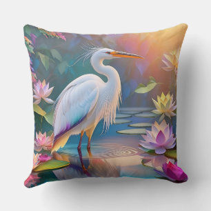 Orange Billed White Heron Fantasy Bird  Cushion