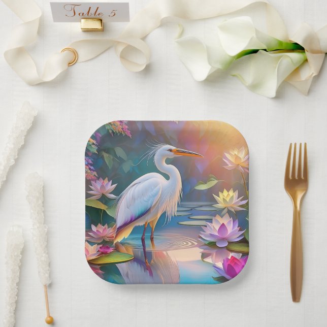 Orange Billed White Heron Fantasy Bird  Paper Plate (Wedding)