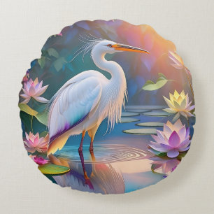 Orange Billed White Heron Fantasy Bird  Round Cushion