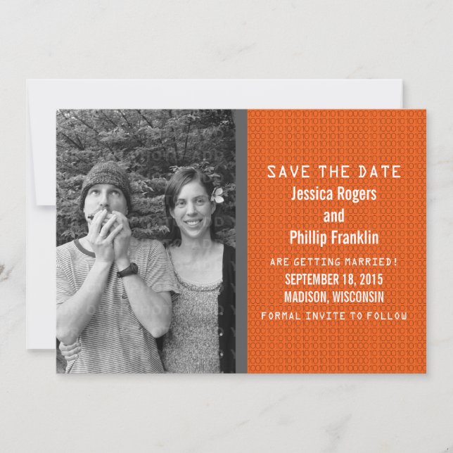 Orange Binary Code Photo Save the Date Invite (Front)