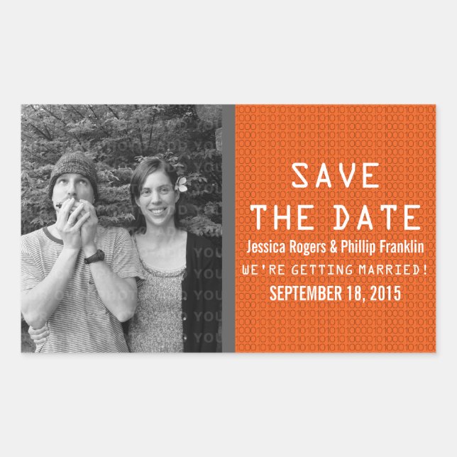 Orange Binary Code Photo Save the Date Stickers (Front)