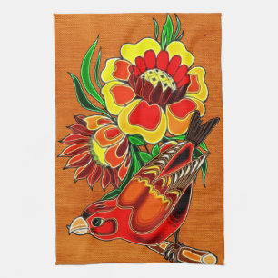 Orange Bird and Floral Deco Tea Towel