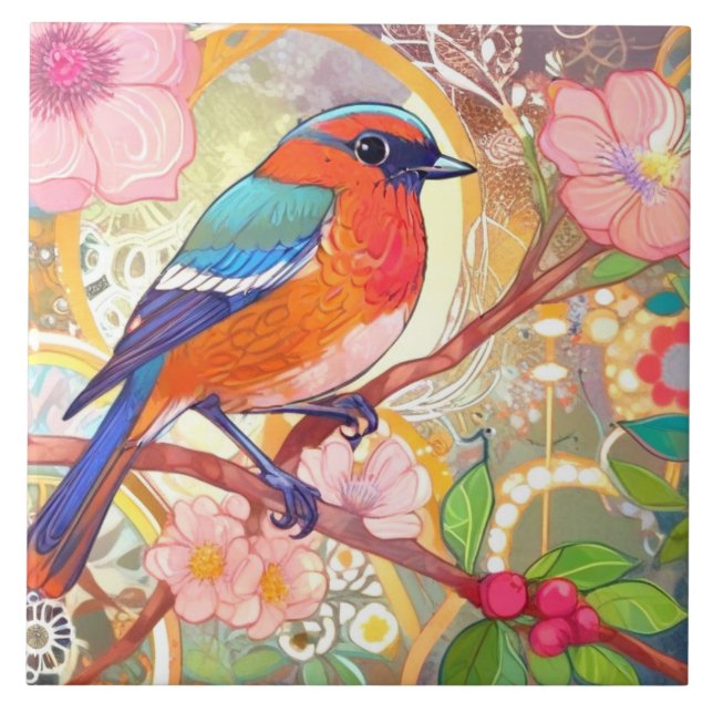Orange Bird Girly Pink Spring Flower Floral Ceramic Tile (Front)