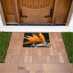 Orange Bird of Paradise Plant on Black Aloha Doormat