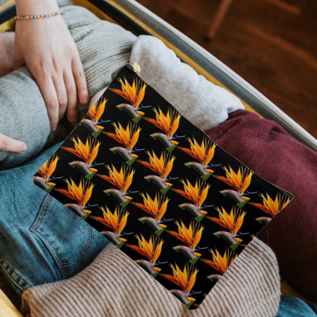Orange Bird of Paradise Plant Pattern on Black Accessory Pouch (In Situ)
