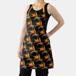 Orange Bird of Paradise Plant Pattern on Black Apron