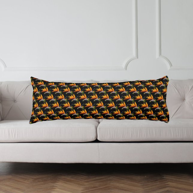 Orange Bird of Paradise Plant Pattern on Black Body Cushion (In Situ)