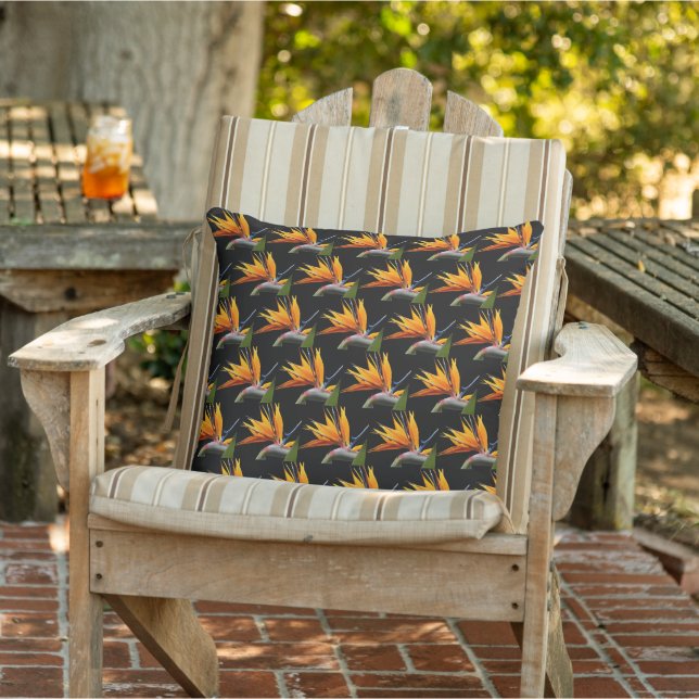 Orange Bird of Paradise Plant Pattern on Black Cushion (Chair)