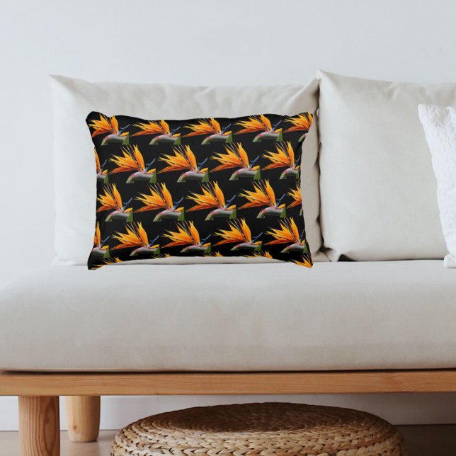 Orange Bird of Paradise Plant Pattern on Black Decorative Cushion (In Situ)