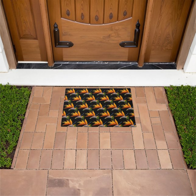 Orange Bird of Paradise Plant Pattern on Black Doormat (Outdoor)