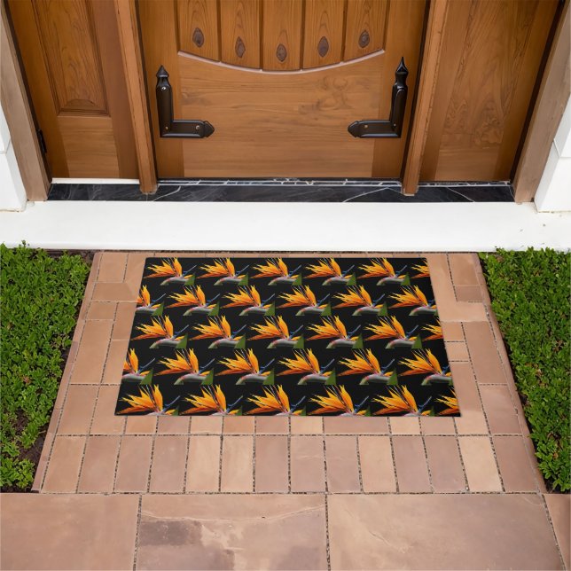 Orange Bird of Paradise Plant Pattern on Black Doormat (Outdoor)