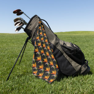 Orange Bird of Paradise Plant Pattern on Black Golf Towel