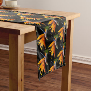 Orange Bird of Paradise Plant Pattern on Black Short Table Runner
