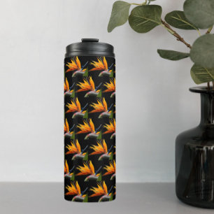 Orange Bird of Paradise Plant Pattern on Black Thermal Tumbler