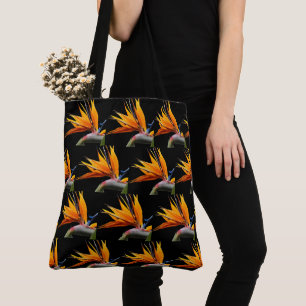 Orange Bird of Paradise Plant Pattern on Black Tote Bag