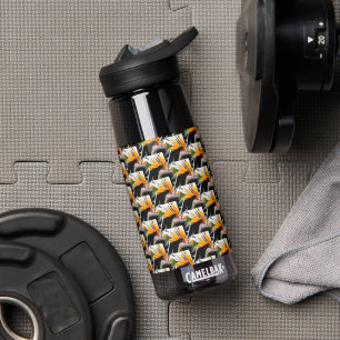 Orange Bird of Paradise Plant Pattern on Black Water Bottle