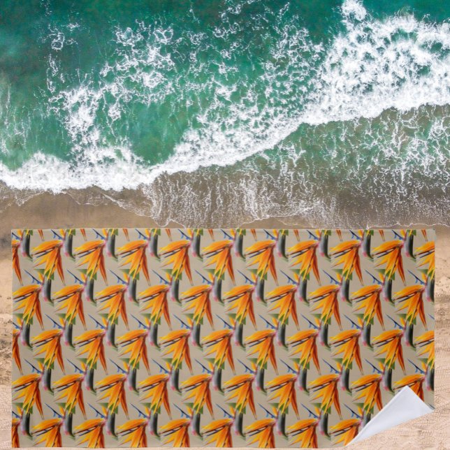 Orange Bird of Paradise Plant Pattern on Khaki Beach Towel (In Situ)