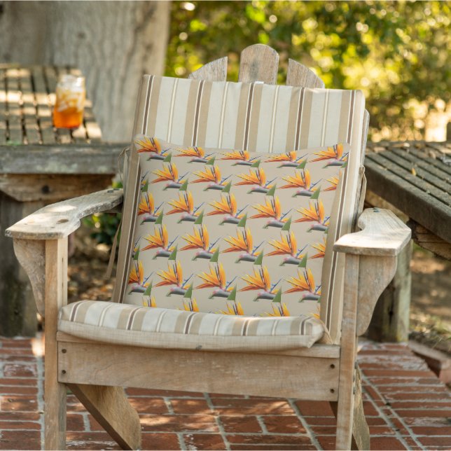 Orange Bird of Paradise Plant Pattern on Khaki Cushion (Chair)