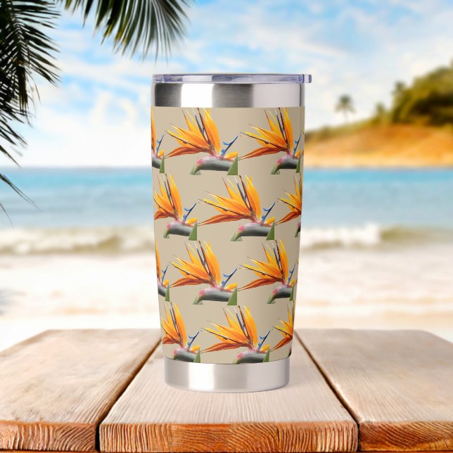 Orange Bird of Paradise Plant Pattern on Khaki Insulated Tumbler (Beach)