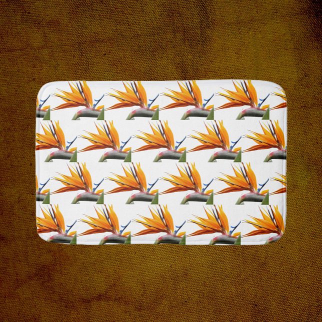 Orange Bird of Paradise Plant Pattern on White Bath Mat (In Situ)