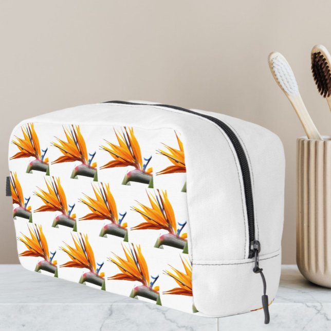 Orange Bird of Paradise Plant Pattern on White Dopp Kit (In Situ)