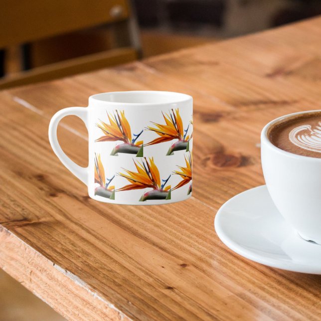 Orange Bird of Paradise Plant Pattern on White Espresso Cup (In Situ)
