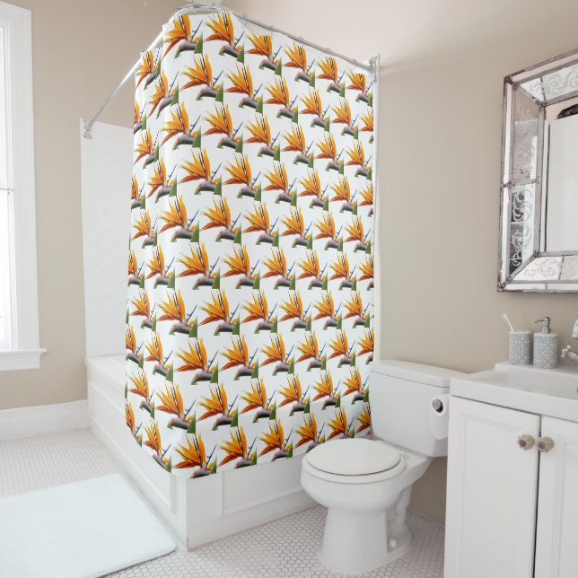 Orange Bird of Paradise Plant Pattern on White Shower Curtain (In Situ)