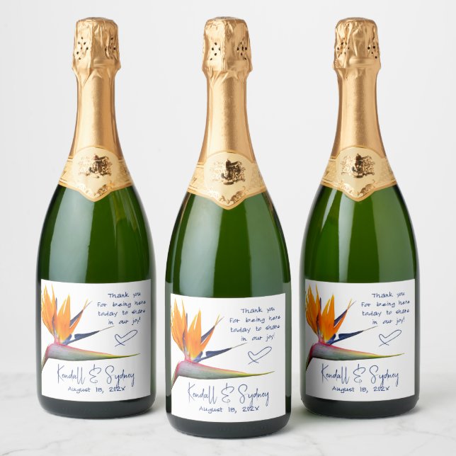 Orange Bird of Paradise Wedding Sparkling Wine Label (Bottles)