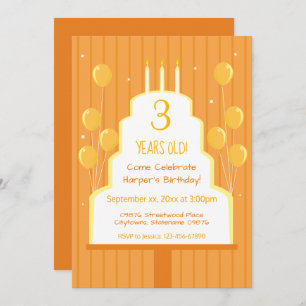 Orange Birthday Cake and Balloons   Invitation